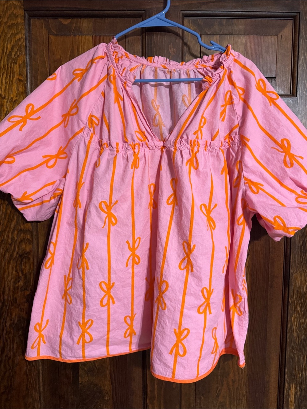 Pink Peasant Blouse with Orange Bow Stripe Detail